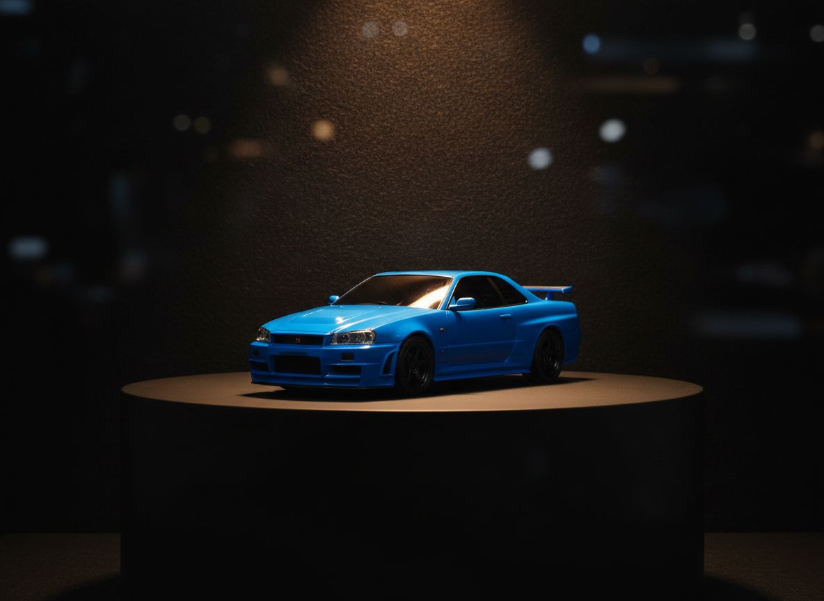 Nissan Skyline GT-R R34 — 1:2 Half-Scale — Bayside Blue — 05 Collector Pedestal